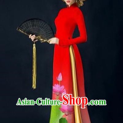 Traditional Top Grade Asian Vietnamese Costumes Dance Dress, Vietnam National Women Ao Dai Dress Printing Lotus Red Cheongsam Clothing