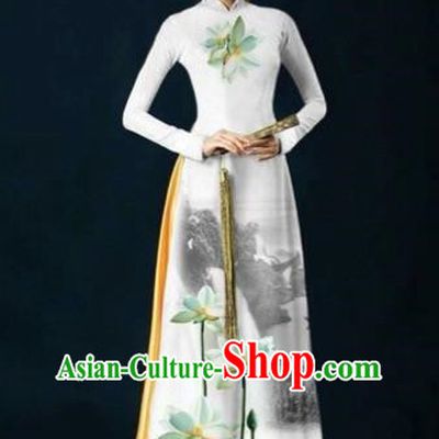 Traditional Top Grade Asian Vietnamese Costumes Dance Dress, Vietnam National Women Ao Dai Dress Ink Painting Lotus White Cheongsam Clothing