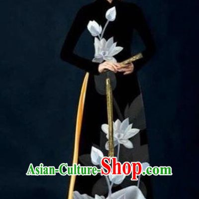 Traditional Top Grade Asian Vietnamese Costumes Dance Dress, Vietnam National Women Ao Dai Dress Ink Painting Lotus Black Cheongsam Clothing