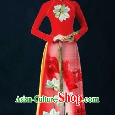 Traditional Top Grade Asian Vietnamese Costumes Dance Dress, Vietnam National Women Ao Dai Dress Ink Painting Lotus Red Cheongsam Clothing