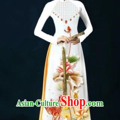 Traditional Top Grade Asian Vietnamese Costumes Dance Dress, Vietnam National Women Ao Dai Dress Ink Painting Lotus White Cheongsam Clothing