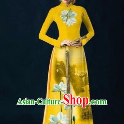 Traditional Top Grade Asian Vietnamese Costumes Dance Dress, Vietnam National Women Ao Dai Dress Ink Painting Lotus Yellow Cheongsam Clothing