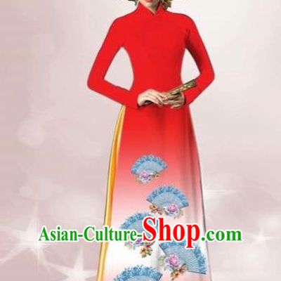 Traditional Top Grade Asian Vietnamese Costumes Dance Dress, Vietnam National Women Ao Dai Dress Printing Red Cheongsam Clothing