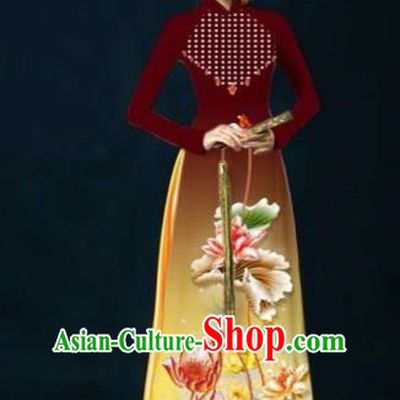 Traditional Top Grade Asian Vietnamese Costumes Dance Dress, Vietnam National Women Ao Dai Dress Ink Painting Lotus Wine Red Cheongsam Clothing