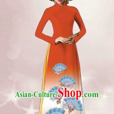 Traditional Top Grade Asian Vietnamese Costumes Dance Dress, Vietnam National Women Ao Dai Dress Printing Orange Cheongsam Clothing