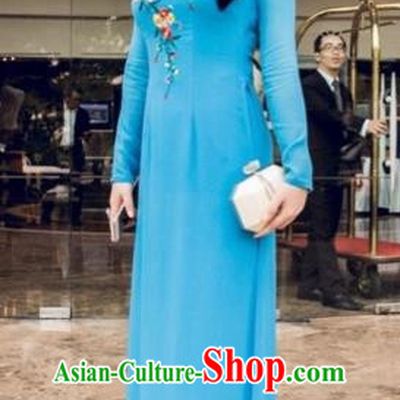 Traditional Top Grade Asian Vietnamese Costumes Full Dress, Vietnam National Women Ao Dai Dress Embroidered Blue Cheongsam Clothing