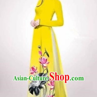 Traditional Top Grade Asian Vietnamese Costumes Dance Dress, Vietnam National Female Handmade Printing Lotus Flowers Yellow Ao Dai Dress Cheongsam Clothing for Women