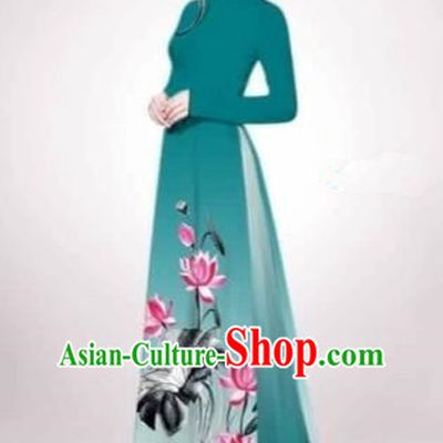 Traditional Top Grade Asian Vietnamese Costumes Dance Dress, Vietnam National Female Handmade Printing Lotus Flowers Green Ao Dai Dress Cheongsam Clothing for Women