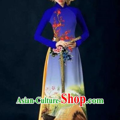 Traditional Top Grade Asian Vietnamese Costumes Dance Dress, Vietnam National Women Ao Dai Dress Landscape Painting Cheongsam Clothing