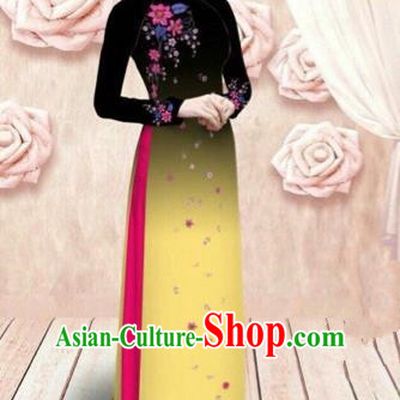 Traditional Top Grade Asian Vietnamese Costumes Dance Dress, Vietnam National Female Handmade Yellow Ao Dai Dress Cheongsam Clothing for Women