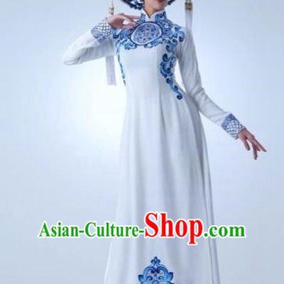Traditional Top Grade Asian Vietnamese Costumes Dance Dress, Vietnam National Female Handmade Queen Blue and white porcelain Ao Dai Dress Cheongsam Clothing for Women