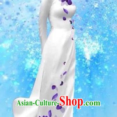 Traditional Top Grade Asian Vietnamese Costumes Dance Dress and Pants, Vietnam National Female Handmade Printing White Ao Dai Dress Cheongsam Clothing for Women