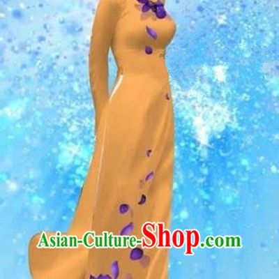 Traditional Top Grade Asian Vietnamese Costumes Dance Dress and Pants, Vietnam National Female Handmade Printing Yellow Ao Dai Dress Cheongsam Clothing for Women