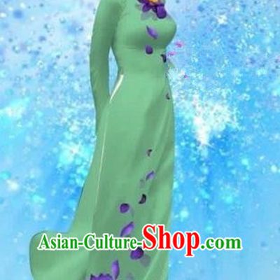 Traditional Top Grade Asian Vietnamese Costumes Dance Dress and Pants, Vietnam National Female Handmade Printing Green Ao Dai Dress Cheongsam Clothing for Women