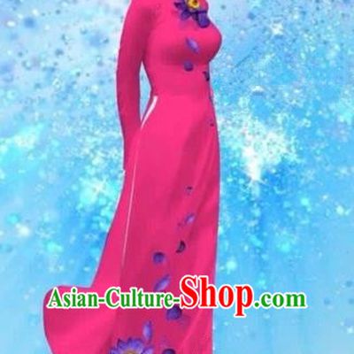 Traditional Top Grade Asian Vietnamese Costumes Dance Dress and Pants, Vietnam National Female Handmade Printing Rose Ao Dai Dress Cheongsam Clothing for Women