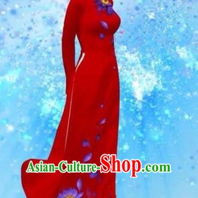 Traditional Top Grade Asian Vietnamese Costumes Dance Dress and Pants, Vietnam National Female Handmade Printing Red Ao Dai Dress Cheongsam Clothing for Women