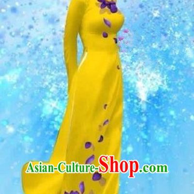 Traditional Top Grade Asian Vietnamese Costumes Dance Dress and Pants, Vietnam National Female Handmade Printing Light Yellow Ao Dai Dress Cheongsam Clothing for Women