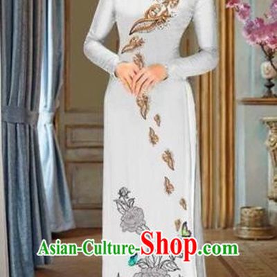 Traditional Top Grade Asian Vietnamese Costumes Dance Dress and Pants, Vietnam National Female Handmade Printing Flowers Ao Dai Dress Cheongsam Clothing for Women