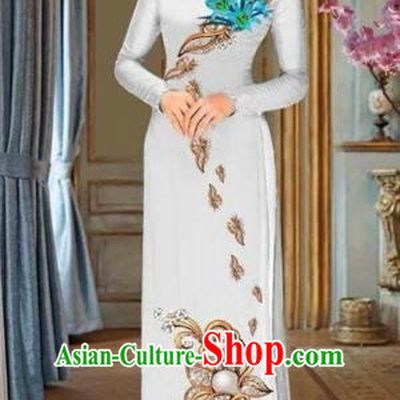 Traditional Top Grade Asian Vietnamese Costumes Dance Dress and Pants, Vietnam National Female Handmade Printing Blue Flowers Ao Dai Dress Cheongsam Clothing for Women