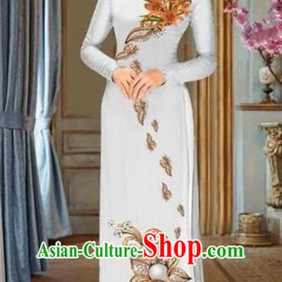 Traditional Top Grade Asian Vietnamese Costumes Dance Dress and Pants, Vietnam National Female Handmade Printing Orange Flowers Ao Dai Dress Cheongsam Clothing for Women