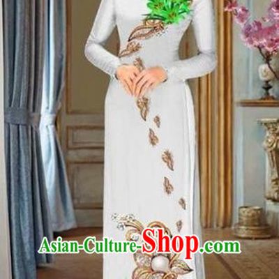 Traditional Top Grade Asian Vietnamese Costumes Dance Dress and Pants, Vietnam National Female Handmade Printing Green Flowers Ao Dai Dress Cheongsam Clothing for Women