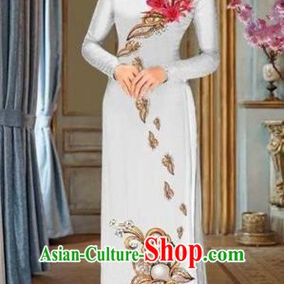 Traditional Top Grade Asian Vietnamese Costumes Dance Dress and Pants, Vietnam National Female Handmade Printing Red Flowers Ao Dai Dress Cheongsam Clothing for Women