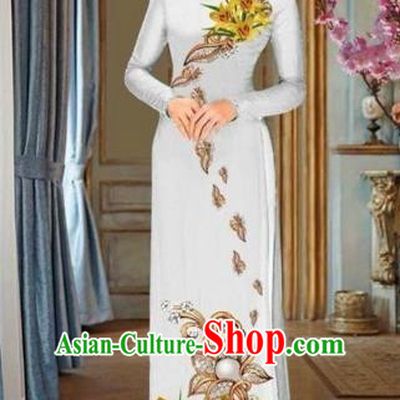 Traditional Top Grade Asian Vietnamese Costumes Dance Dress and Pants, Vietnam National Female Handmade Printing Yellow Flowers Ao Dai Dress Cheongsam Clothing for Women