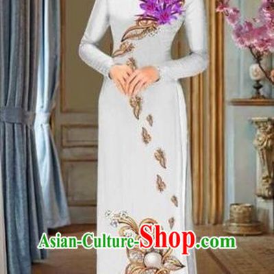 Traditional Top Grade Asian Vietnamese Costumes Dance Dress and Pants, Vietnam National Female Handmade Printing Purple Flowers Ao Dai Dress Cheongsam Clothing for Women