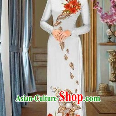 Traditional Top Grade Asian Vietnamese Costumes Dance Dress and Pants, Vietnam National Female Handmade Printing Red Flowers Ao Dai Dress Cheongsam Clothing for Women