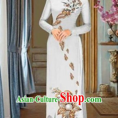 Traditional Top Grade Asian Vietnamese Costumes Dance Dress and Pants, Vietnam National Female Handmade Printing White Flowers Ao Dai Dress Cheongsam Clothing for Women