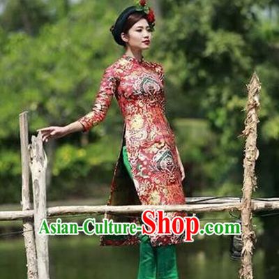 Traditional Top Grade Asian Vietnamese Costumes Dance Dress, Vietnam National Female Handmade Wedding Bride Ao Dai Dress Cheongsam Clothing for Women