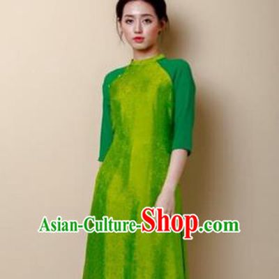 Traditional Top Grade Asian Vietnamese Costumes Dance Dress, Vietnam National Female Handmade Green Embroidered Ao Dai Dress Cheongsam Clothing for Women