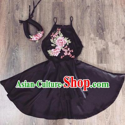 Traditional Top Grade Asian Vietnamese Costumes Dance Dress, Vietnam National Female Handmade Embroidery Flowers Black Bellyband Ao Dai Dress Cheongsam Clothing for Women