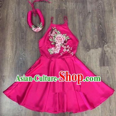 Traditional Top Grade Asian Vietnamese Costumes Dance Dress, Vietnam National Female Handmade Embroidery Flowers Rose Bellyband Ao Dai Dress Cheongsam Clothing for Women