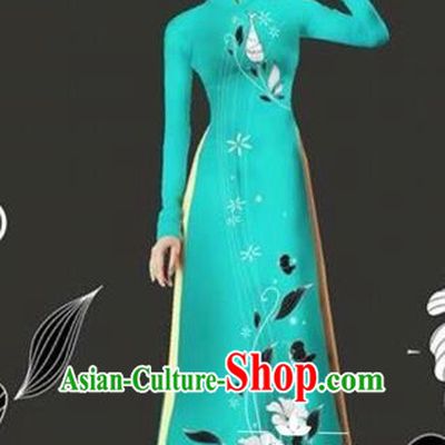 Traditional Top Grade Asian Vietnamese Costumes Dance Dress and Loose Pants, Vietnam National Female Handmade Printing Blue Ao Dai Dress Cheongsam Clothing for Women