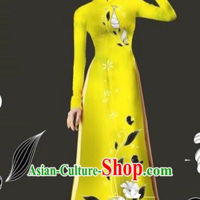 Traditional Top Grade Asian Vietnamese Costumes Dance Dress and Loose Pants, Vietnam National Female Handmade Printing Yellow Ao Dai Dress Cheongsam Clothing for Women