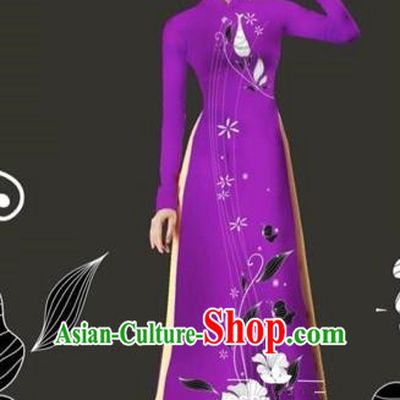 Traditional Top Grade Asian Vietnamese Costumes Dance Dress and Loose Pants, Vietnam National Female Handmade Printing Purple Ao Dai Dress Cheongsam Clothing for Women