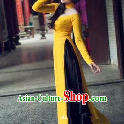 Traditional Top Grade Asian Vietnamese Costumes Dance Dress and Loose Pants, Vietnam National Female Handmade Yellow Ao Dai Dress Cheongsam Clothing for Women