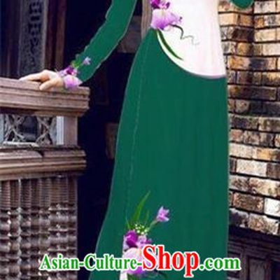 Traditional Top Grade Asian Vietnamese Costumes Handmade Dance Dress, Vietnam National Female Printing Flowers Green Ao Dai Dress Cheongsam Clothing for Women