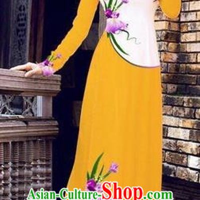 Traditional Top Grade Asian Vietnamese Costumes Handmade Dance Dress, Vietnam National Female Printing Flowers Orange Ao Dai Dress Cheongsam Clothing for Women