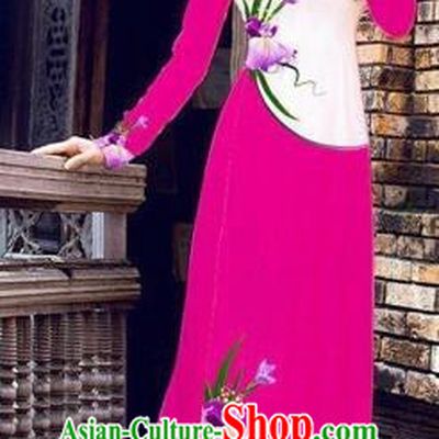 Traditional Top Grade Asian Vietnamese Costumes Handmade Dance Dress, Vietnam National Female Printing Flowers Rose Ao Dai Dress Cheongsam Clothing for Women