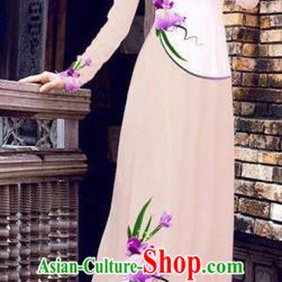Traditional Top Grade Asian Vietnamese Costumes Handmade Dance Dress, Vietnam National Female Printing Flowers Pink Ao Dai Dress Cheongsam Clothing for Women