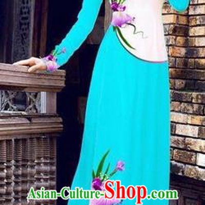 Traditional Top Grade Asian Vietnamese Costumes Handmade Dance Dress, Vietnam National Female Printing Flowers Blue Ao Dai Dress Cheongsam Clothing for Women