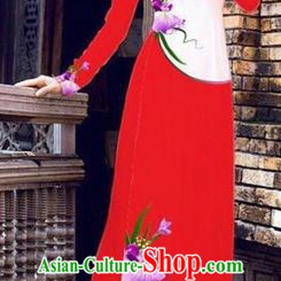 Traditional Top Grade Asian Vietnamese Costumes Handmade Dance Dress, Vietnam National Female Printing Flowers Red Ao Dai Dress Cheongsam Clothing for Women