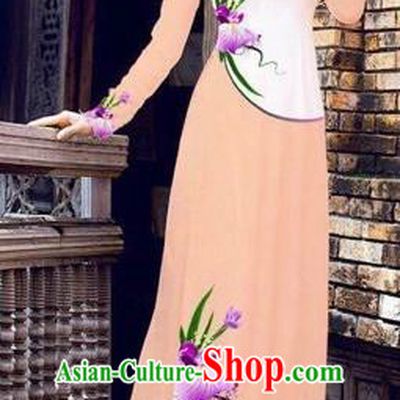 Traditional Top Grade Asian Vietnamese Costumes Handmade Dance Dress, Vietnam National Female Printing Flowers Ao Dai Dress Cheongsam Clothing for Women