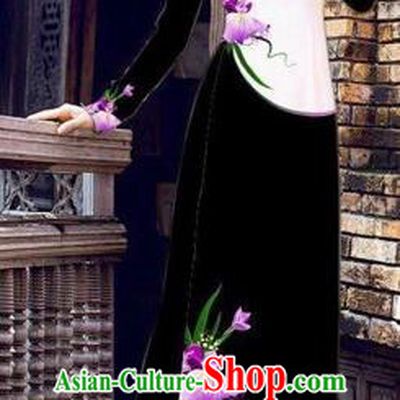 Traditional Top Grade Asian Vietnamese Costumes Handmade Dance Dress, Vietnam National Female Printing Flowers Black Ao Dai Dress Cheongsam Clothing for Women