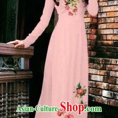 Traditional Top Grade Asian Vietnamese Costumes Dance Dress, Vietnam National Female Printing Flowers Pink Ao Dai Dress Stand Collar Cheongsam Clothing for Women