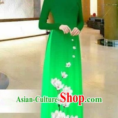 Traditional Top Grade Asian Vietnamese Costumes Dance Dress, Vietnam National Female Printing Flowers Green Ao Dai Dress Stand Collar Cheongsam Clothing for Women