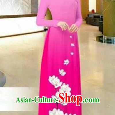 Traditional Top Grade Asian Vietnamese Costumes Dance Dress, Vietnam National Female Printing Flowers Rose Ao Dai Dress Stand Collar Cheongsam Clothing for Women