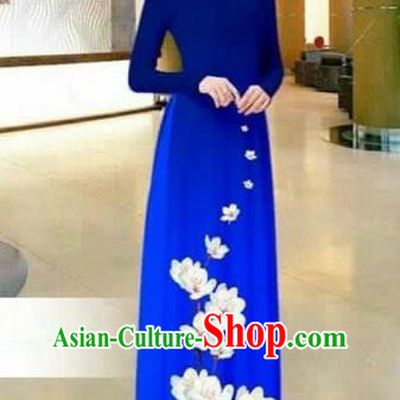 Traditional Top Grade Asian Vietnamese Costumes Dance Dress, Vietnam National Female Printing Flowers Royalblue Ao Dai Dress Stand Collar Cheongsam Clothing for Women